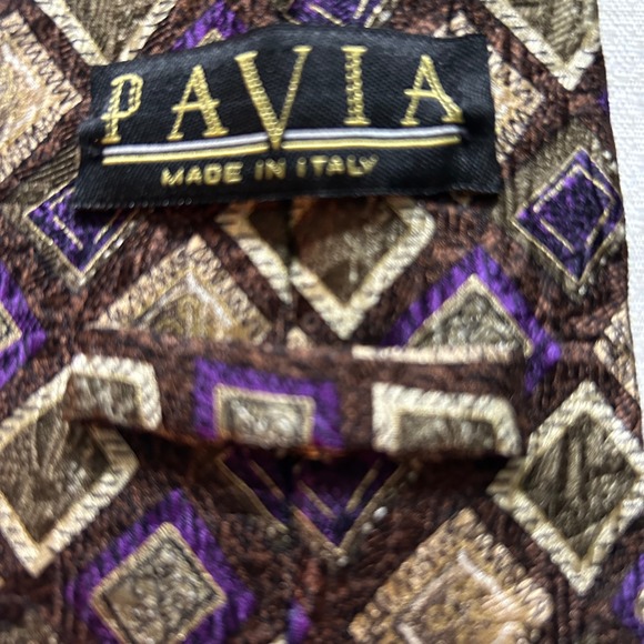 PAVIA Mens Tie Made in Italy Geometric Diamond Pattern 100% Silk Purple Brown - Picture 3 of 4